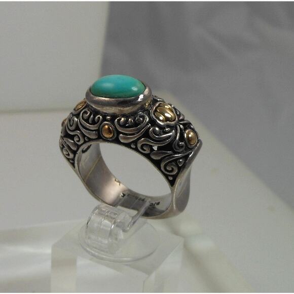 Elegant Vintage Turquoise Ring Sterling Silver 18K Gold Handmade Designer Size 8 - Picture 5 of 10